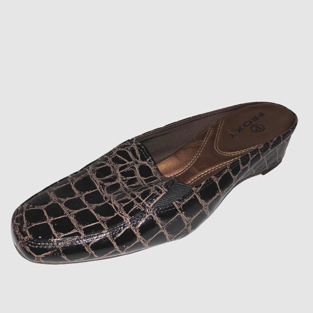 Proxy Womens Size 7.5 M Black Animal Croc Print Slip On Mules Slides Shoes Wedge
